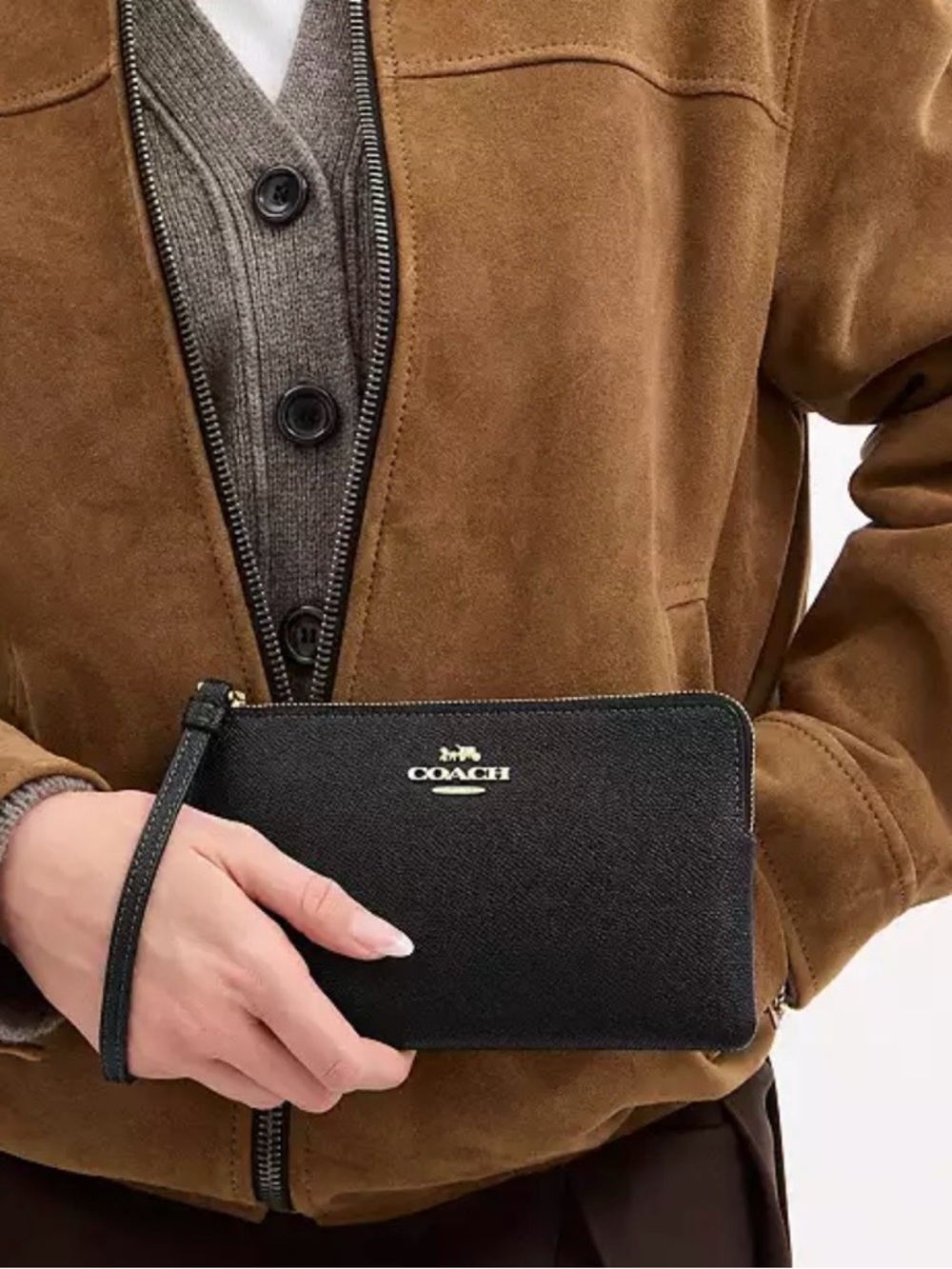 Coach Black Pebbled Leather Zip Wristlet with Gold Logo - Picture 2 of 6